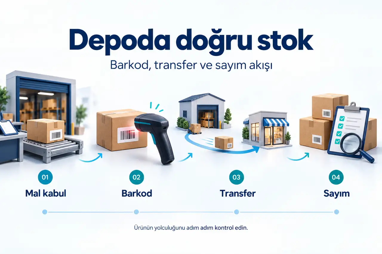 Mal kabul, barkod kontrolü, mağazaya transfer ve sayım akışı